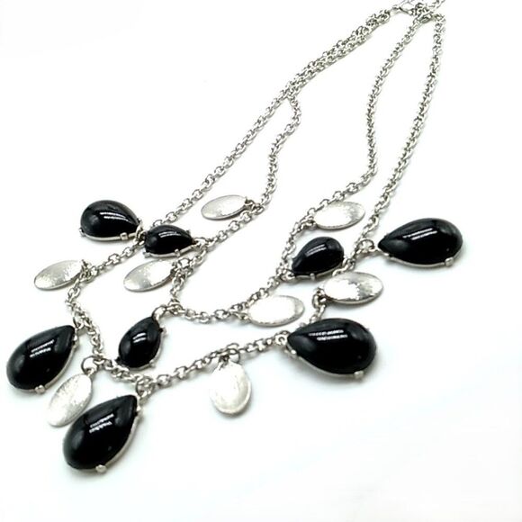 Synthetic Black Cabochon & Silver-tone Double Strand Necklace 16-19" NWOT - Picture 1 of 12
